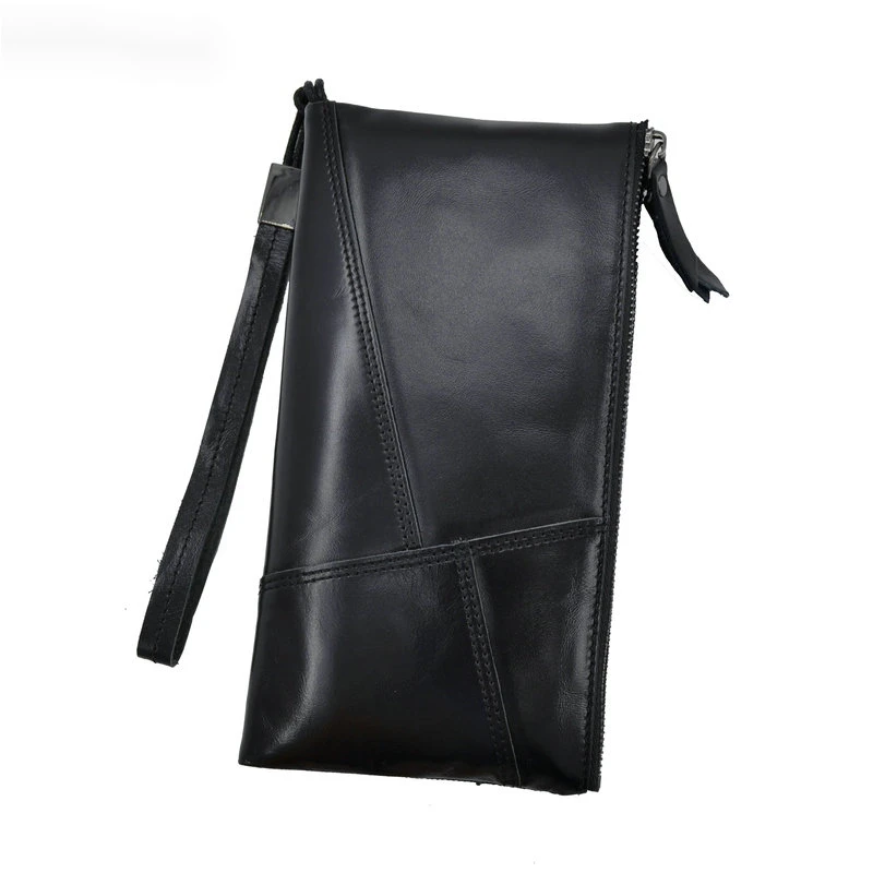

Genuine Leather Men's Purse with Phone Pocket Cowhide Long Wallet for Man with Zipper Leather Wristlet Men's Clutch Bag