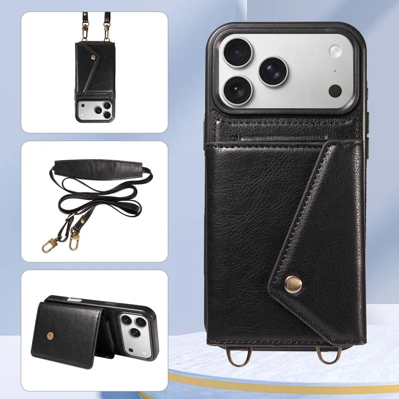 Elegant Leather Crossbody Phone Case with Wallet and Card Slots – Fashionable Long Lanyard Design