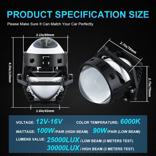 NLpearl 자동차 헤드라이트용 Bi Xenon 프로젝터 렌즈, 100W, 3 인치, H7 H4, 30000LM, 6000K 쌍곡면 렌즈, 헤드램프 개조 2