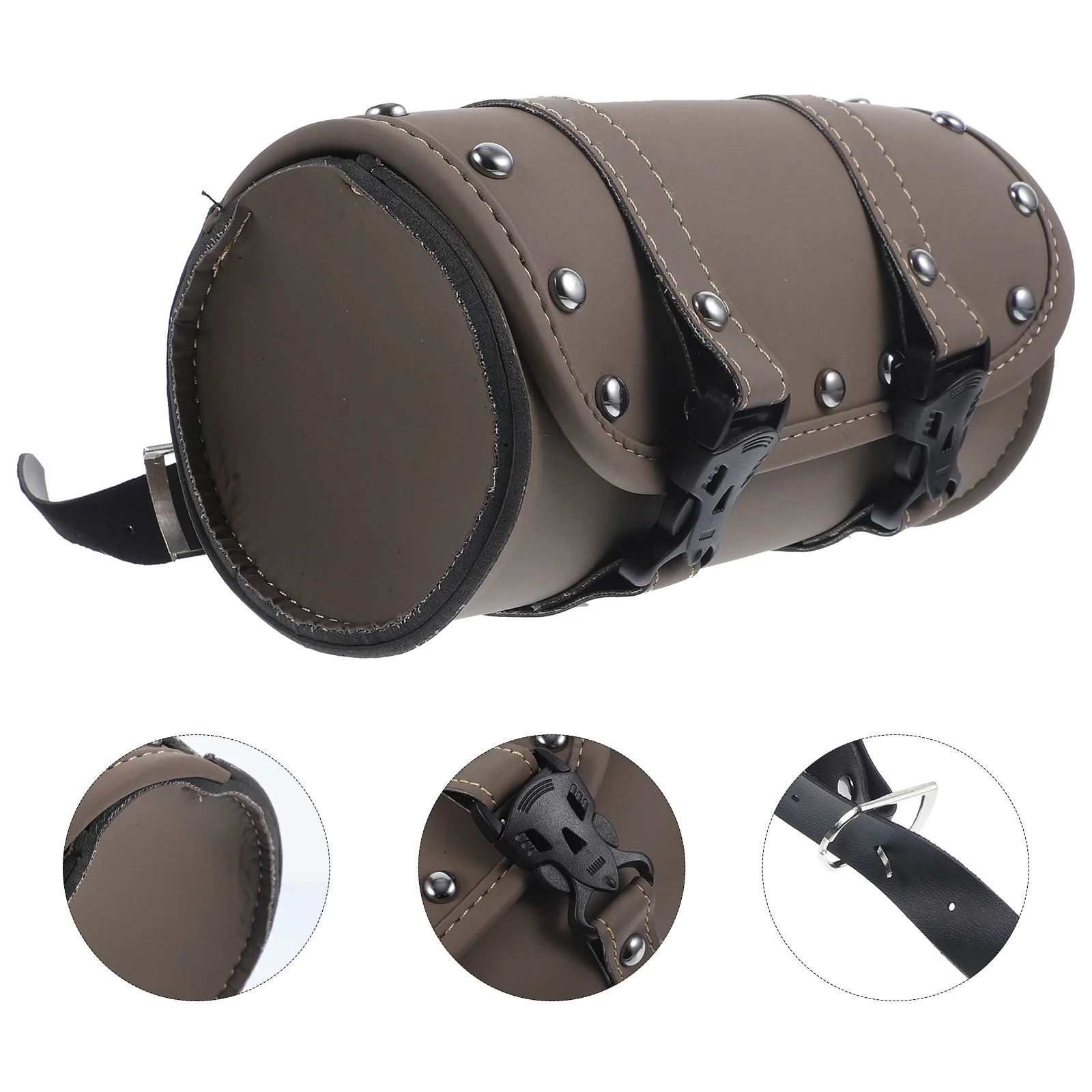 

Universal Motorcycle Saddlebag PU Waterproof Tool Bag Mounting Strap Round Storage Bag (Brown)