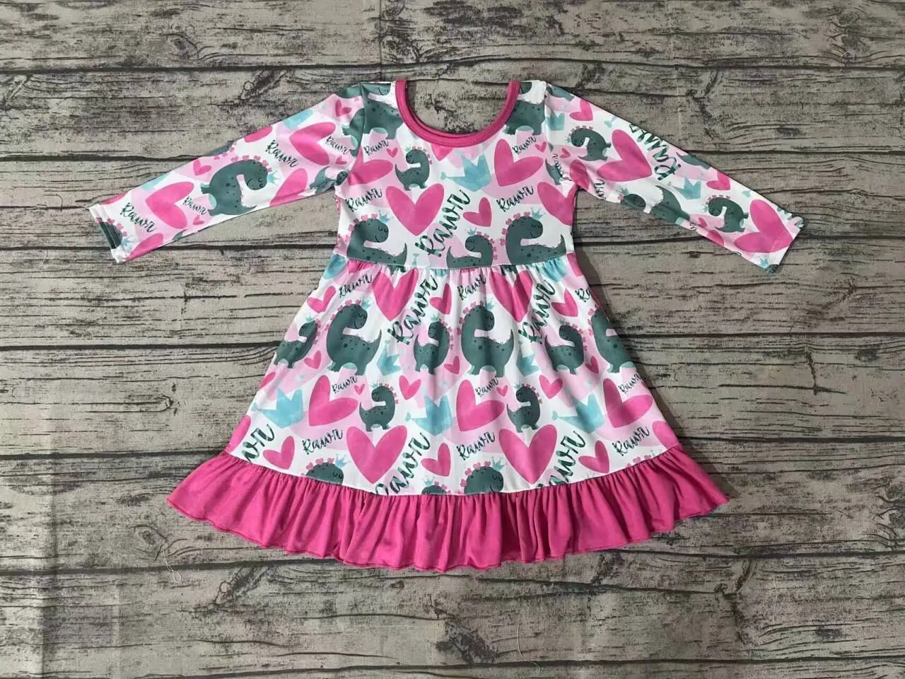 

GLD0491 Boutique Baby Toddler Girls Dress Long Sleeve Dinosaur Print Kids Valentine's Day Clothes