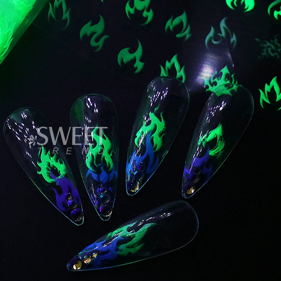 10 Roll/Box Fluorescent Fire Flame Nails Manicure Foils Neon Spark Design Transfer Stickers Halloween Series Starry Parper Decor