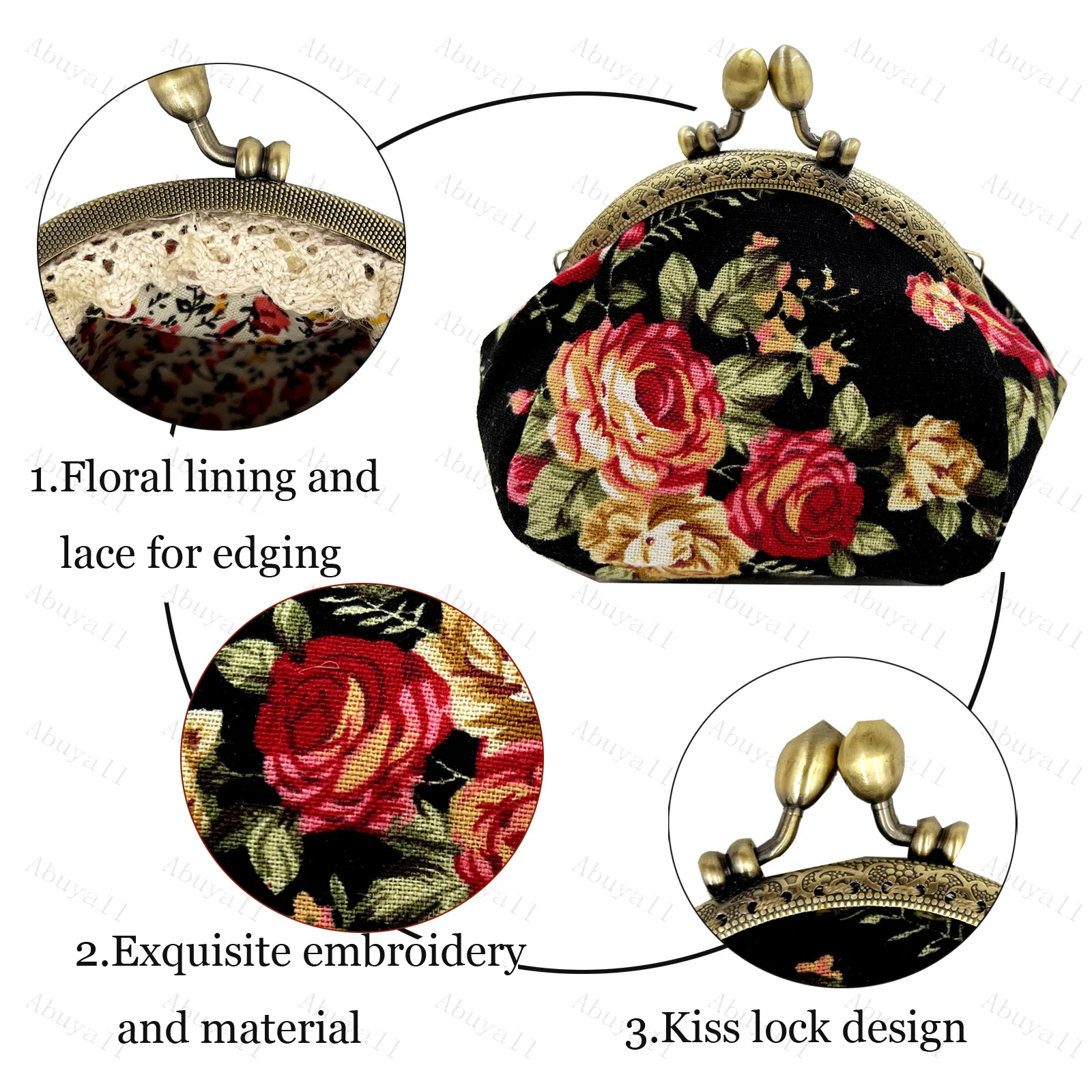 Vintage Bag Coin Purse Canvas Clutch Floral Cheongsam Kiss Lock Handbag Change Pouch Buckle Clasp Women Metal Frame Party Wallet