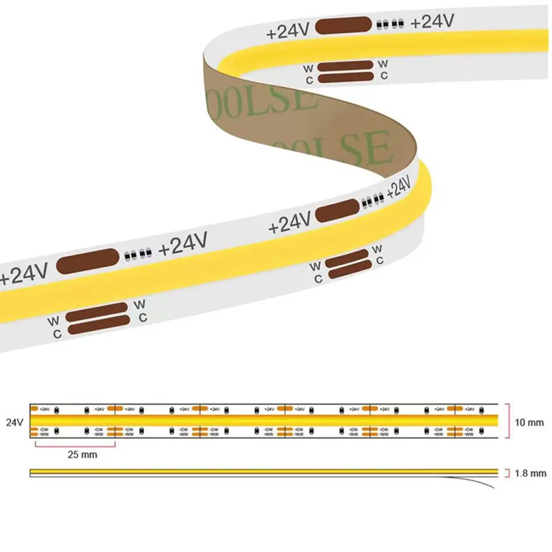 CCT COB LED Strip Light 12V 24V Double Color Dual Colour High Density Linear Tape 2700K To 6500K CRI90 RA90 Dimmable Ribbon Rope