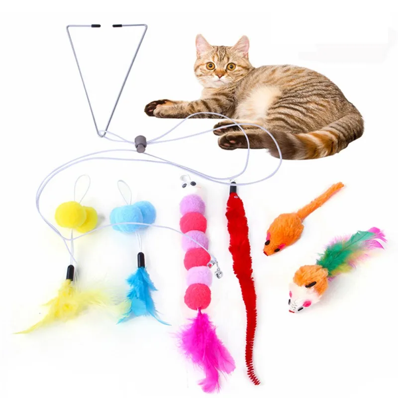 6pcs Cat Toy Retractable Hanging Door Type Funny Stick Cat Scratching