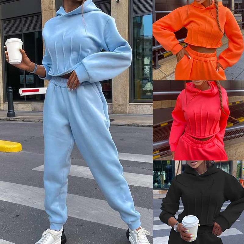 Warm Cropped Bandage Hooded Sweater Suits Women Fashion Chic Hoodies 2023 Autumn Female Streetwear Sports Outfit 2023 new korean fashion autumn sports chic men s sets loose casual vintage creative street hipster y2k bright colors clothes