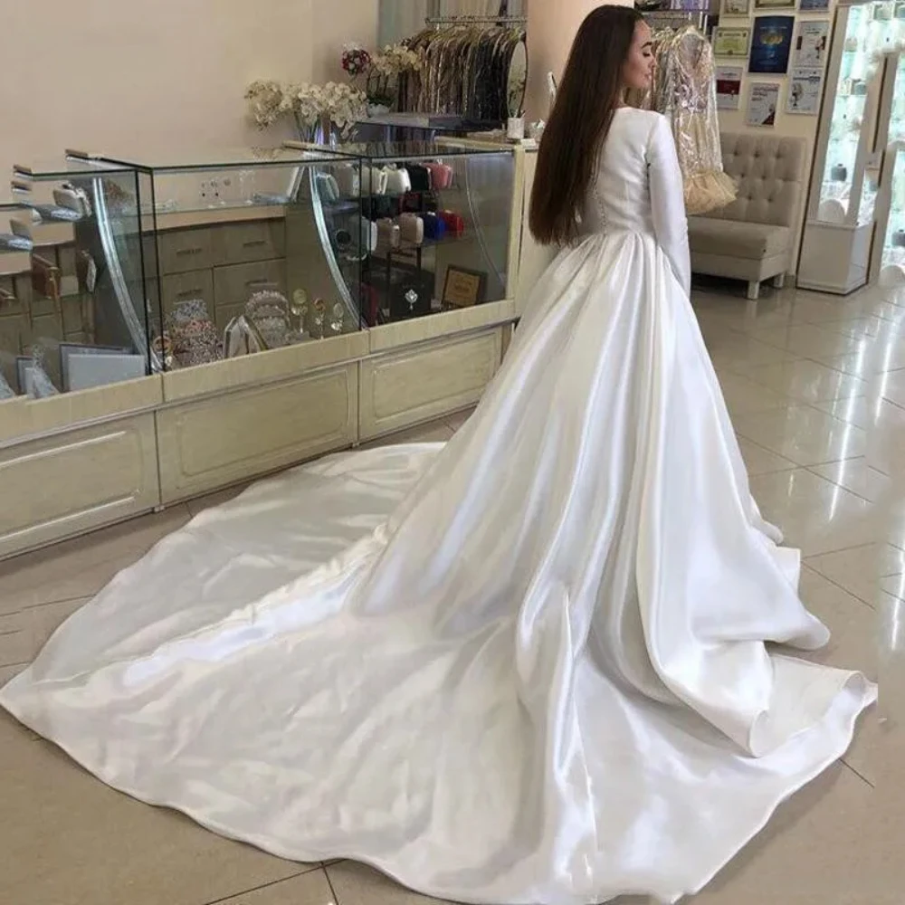 Hao Hao Princess Abiti Da Sposa Raso Manica Lunga Abiti Da Sposa Musulmani Lungo Treno Abito Da Sposa Bianco Vestido De Novia