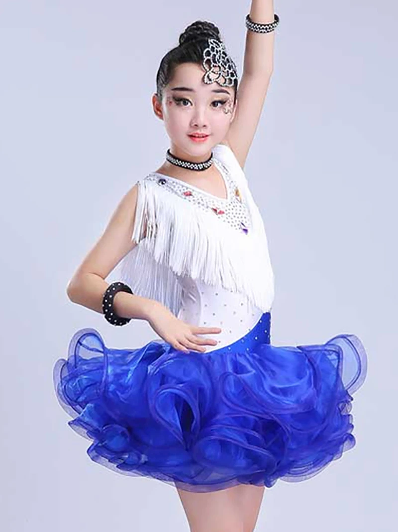 

Girls Jazz Dancewear Costume Kids Tassels Modern Latin Diamond Sequined Ballroom Party Dancing Dress Children Tutu Dress Clothes