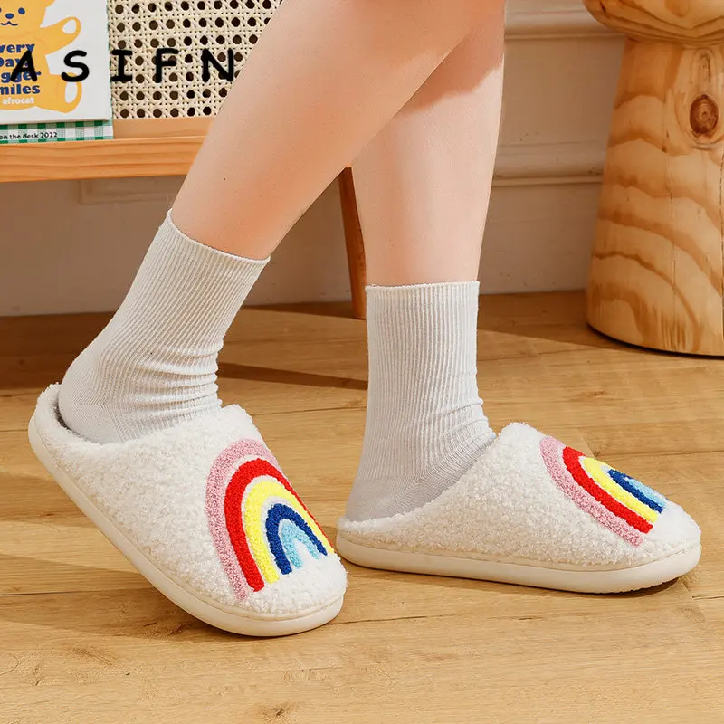 ASIFN Women's Rainbow Slippers Fluffy Cushion Slides Cute Womens Comfortable Houseshoes Good Vibes Winter Shoes images - 6