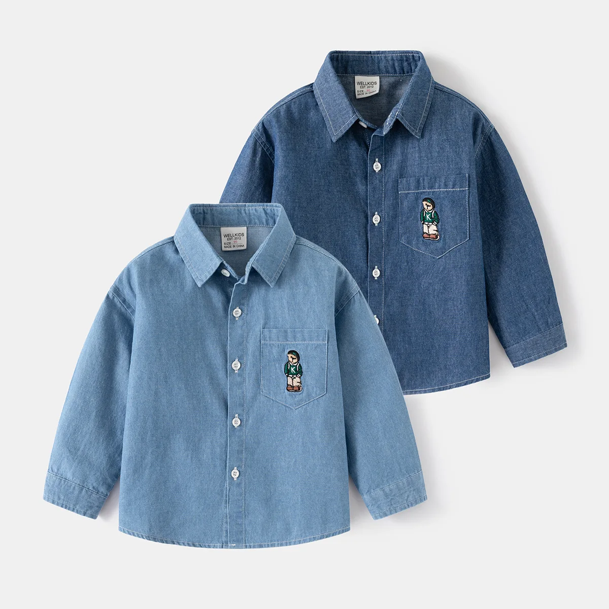 Autumn Children Boy Shirts Baby Blue Cowboy Embroidery Bear Long Sleeve Lapel Coat Top Fashion Party Outifits kids shirts boys shirts