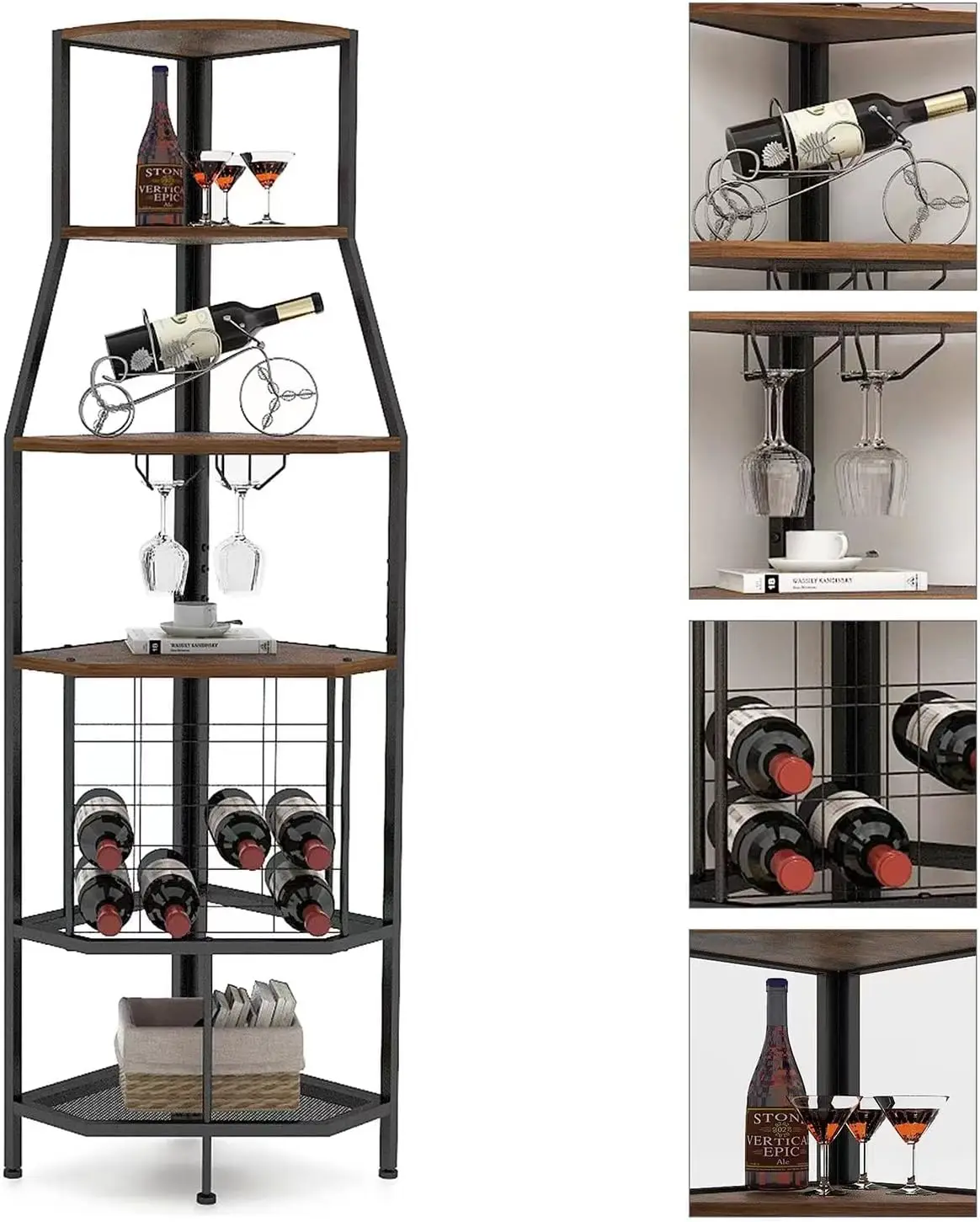 5-Tier Corner Wine Rack Freestanding Floor with Glass Holder and Bottles Wine Storage Home Bar Furniture for Home Kitchen Dinin