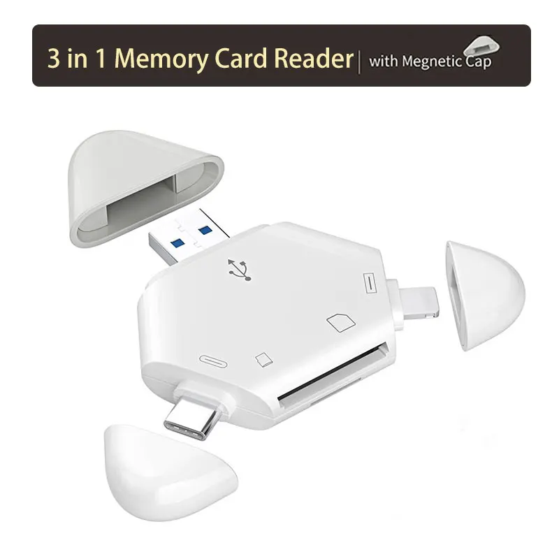 3 In 1 Memory Card Reader With Triangle Cap USBC USB Lightning Port Support TF/SD For