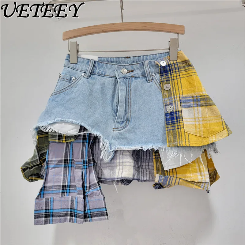 

2024 Spring/Summer Streetwear Checks Stitching High Waist A- Line Denim Shorts Irregular Low Waist Mini Skirt for Women