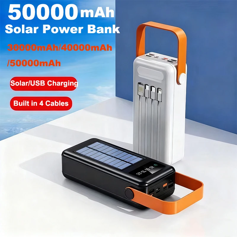 50000mAh Solar-Powerbank mit Kabeln, leichtes tragbares Ladegerät, Schnellladefunktion, externer Akku für iPhone 17, Xiaomi, Samsung und Huawei_voghion.com