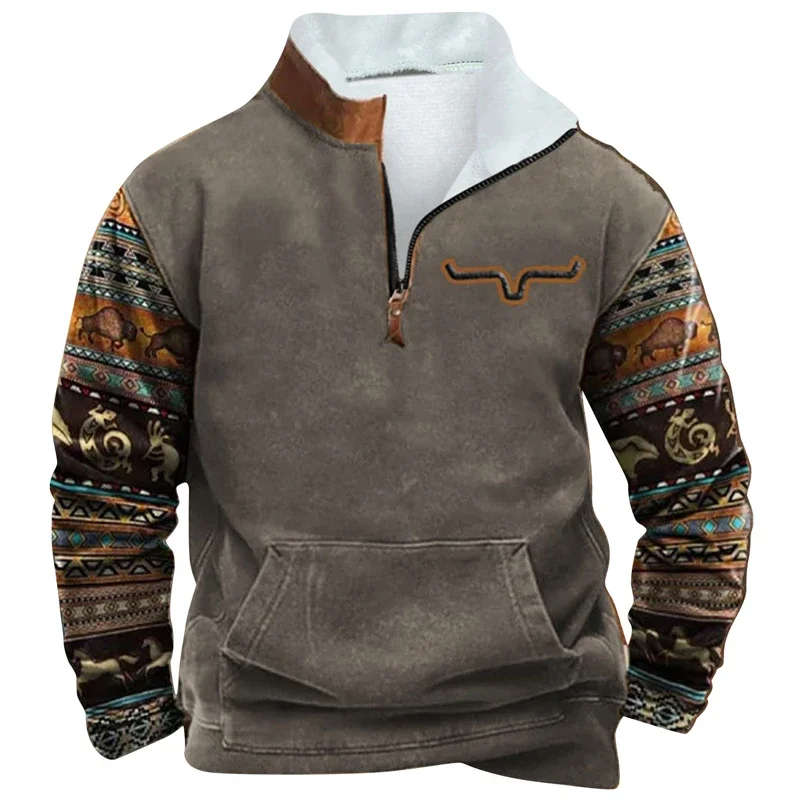 

Vintage Men Zipper Pullover Fall Winter Long Sleeve Pullover Tops Contrast Oversized Clothing Stand Collar Warm Sweatshirts