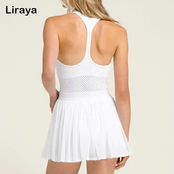 New Woman Tennis Polo O-Neck Fashion Tennis Dress One Piece Set Fast Dry Short Sleeves with Waisted Mesh Shirt with inner shorts