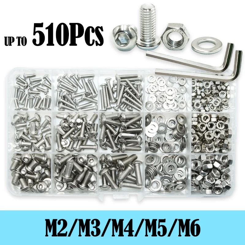 Hex Socket Button Head Cap Screw Nut Washer Kit M2 M3 M4 M5 M6 Stainless Steel Allen Fully Machine Bolt For Motorcycle Furniture screw bolt nut set,stainless steel screws,hexagon socket head cap screw,screw washer nut kit,hex nuts assortment kit