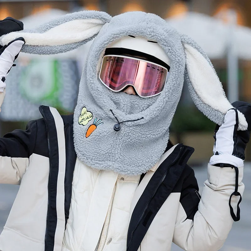 Juste de casque de ski douce et confortable pour l'hiver, bonnet de ski  souriant, écharpe chaude, dessin animé mignon, oreille de lapin, chapeau  décoratif - AliExpress