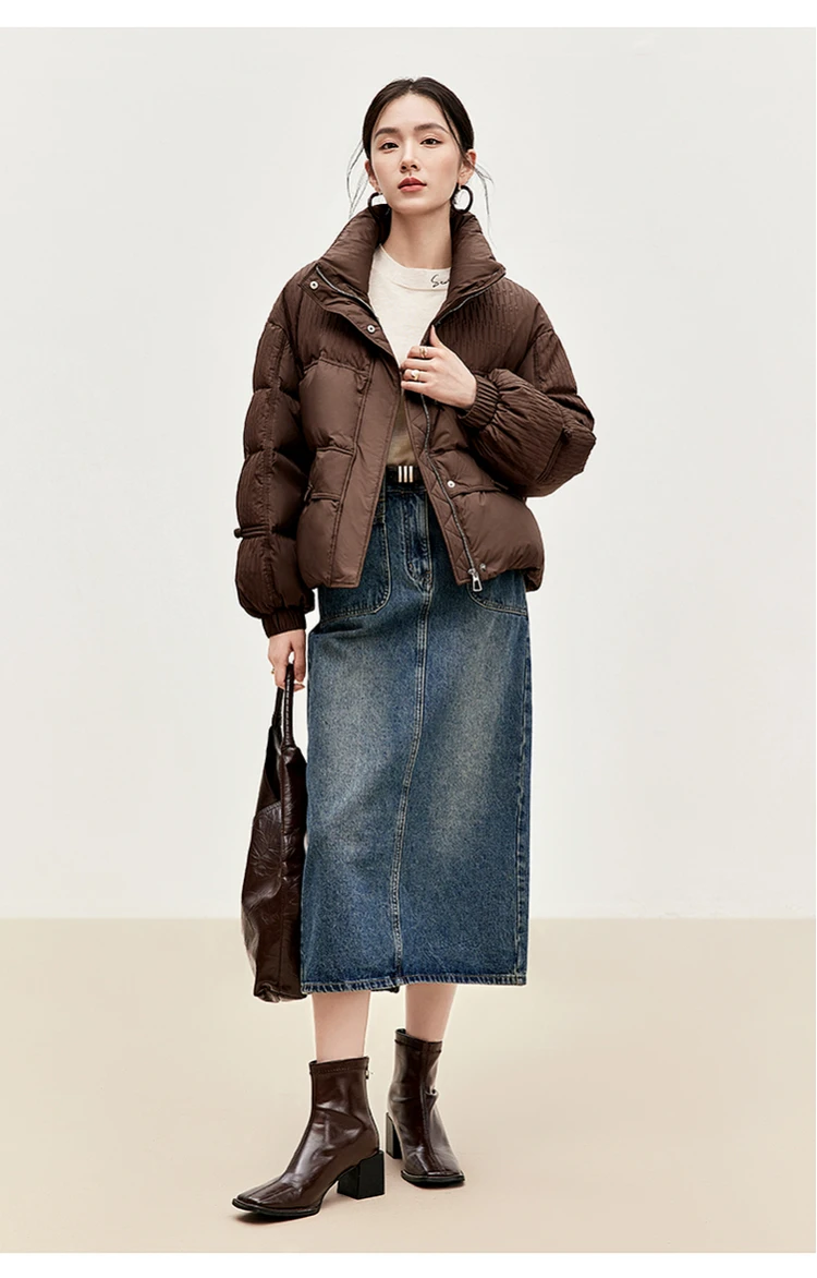 SENTUBILA Women's Cropped Down Coat 2024 Winter Fashion Puffer Jacket 90% White Duck Down Stand Neck Outerwear Ladies W44Y56273