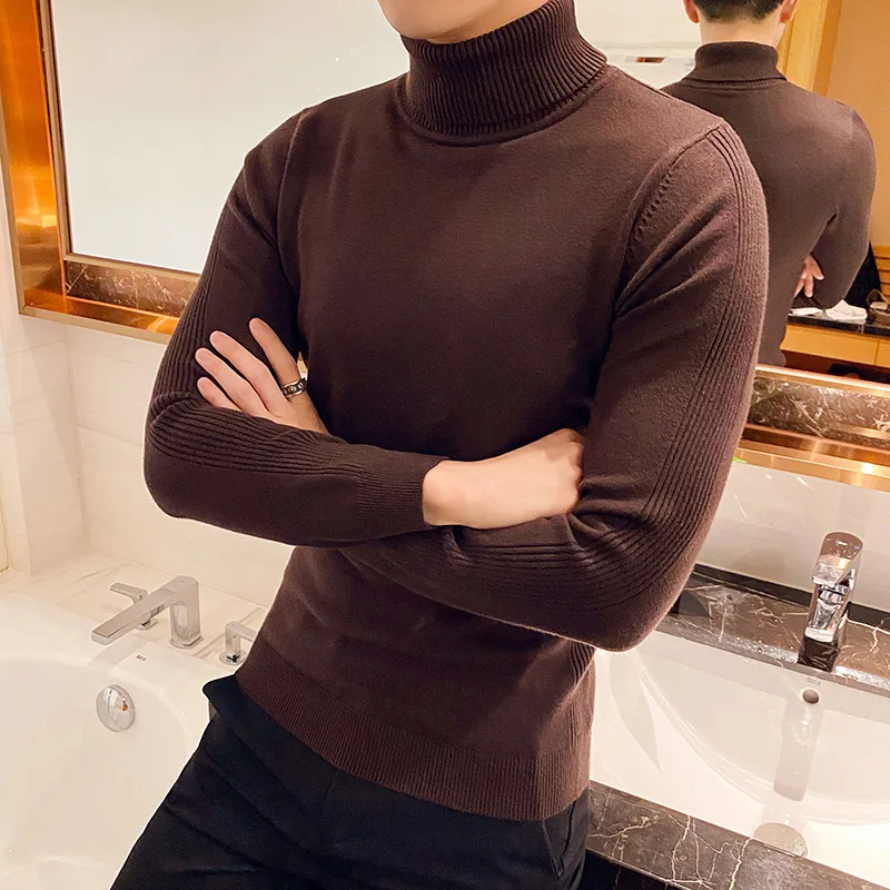 Men's High Quality Pullover Casual Knitted Sweater/Male Slim Fit High Collar Fashion Tight Knit Shirt/Man Knit Sweaters Clothing