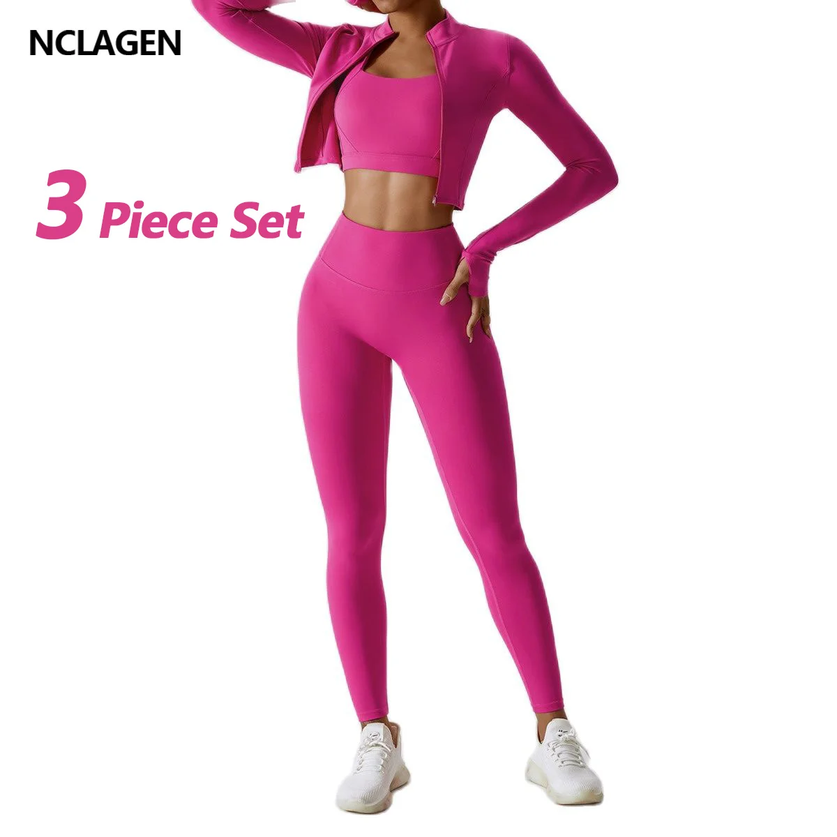 Elevate your workout wardrobe with the NCLAGEN Women Sportwear 3 Piece Set. This comprehensive ensemble includes a sleek yoga top, a comfortable jacket, and form-fitting leggings, ensuring you're ready for any fitness challenge. 1