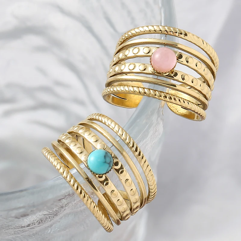 Turquoise Zircon Natural Stone Opening Rings for Women Boho Gold Plated Stainless Steel Finger Rings Jewelry Gifts Wholesale