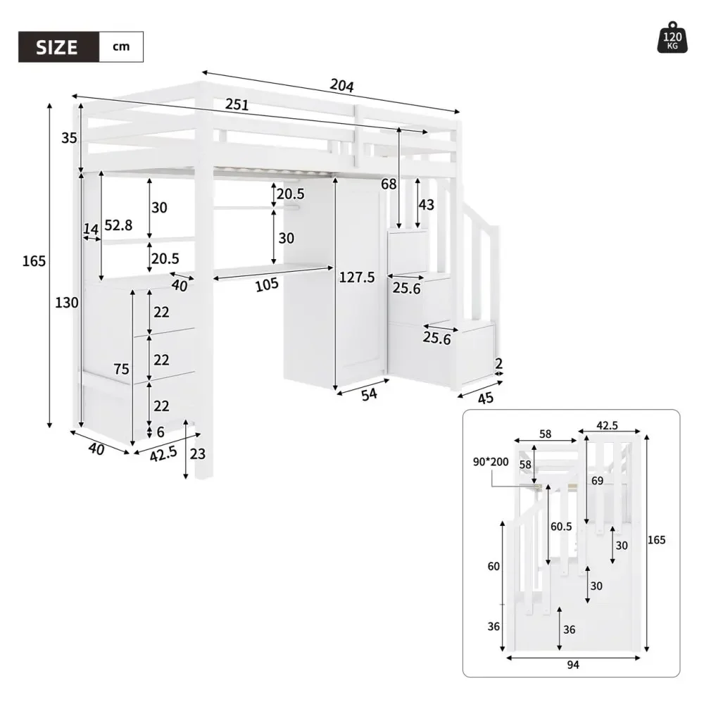 90 * 200 cm weißes Kinder-Etagenbett mit Schreibtisch und Kleiderschrank, Treppe, multifunktionales Kinder-Etagenbett, ausgestattet mit Schubladen und Kleiderschrank – Detail 5