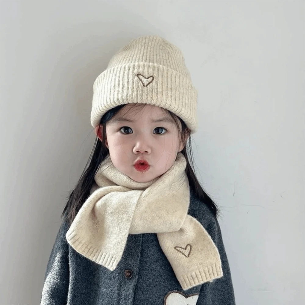 Love Heart Embroidery Knitted Hat Scarf Set Thickened Solid Color Crochet Warm Beanie Cap Windproof Korean Style