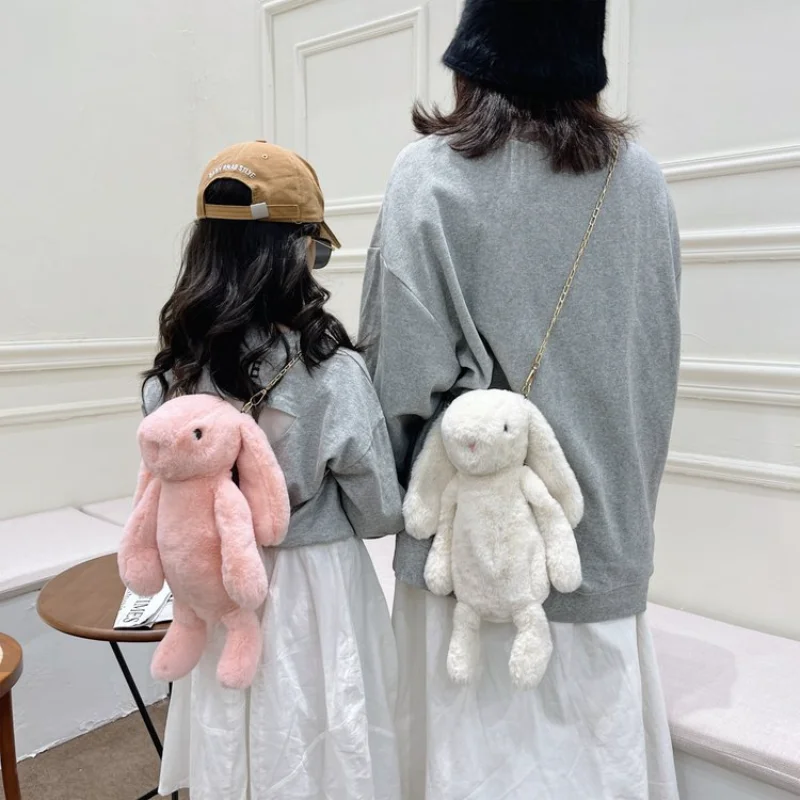 긴 귀 토끼 인형 패션 모조 렉스 토끼 모피 가방, 봉제 백팩 체인 스트랩, 어린이 가방 체인, 크로스바디 가방 배낭 