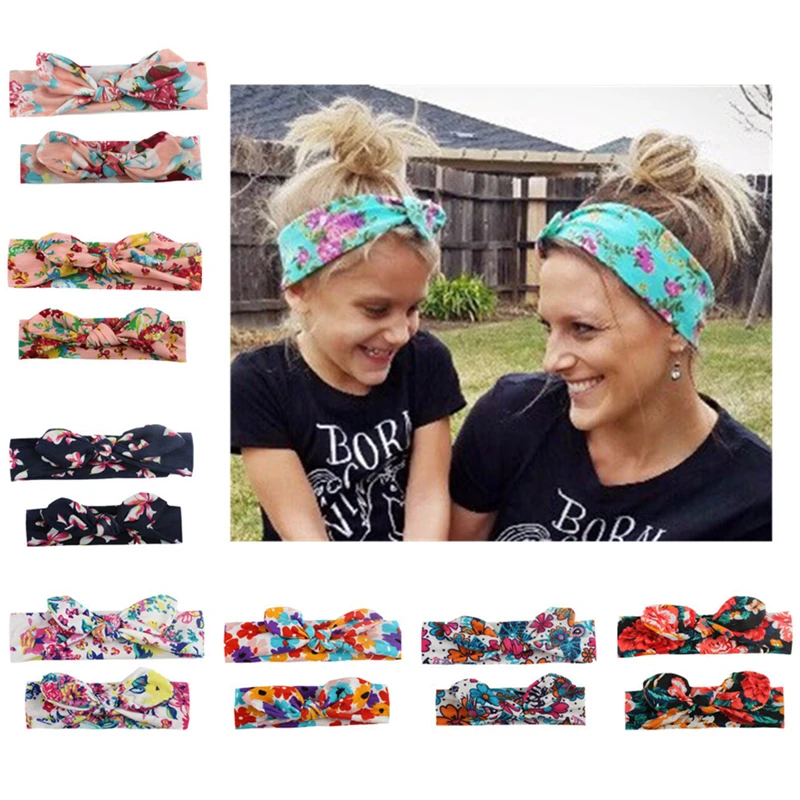 

2Pcs/Set Mom & Baby Headbands Mother Newborn Turban Headwear Bows Hairband Floral Parent-Child Hair Accessoy Girls Haarband