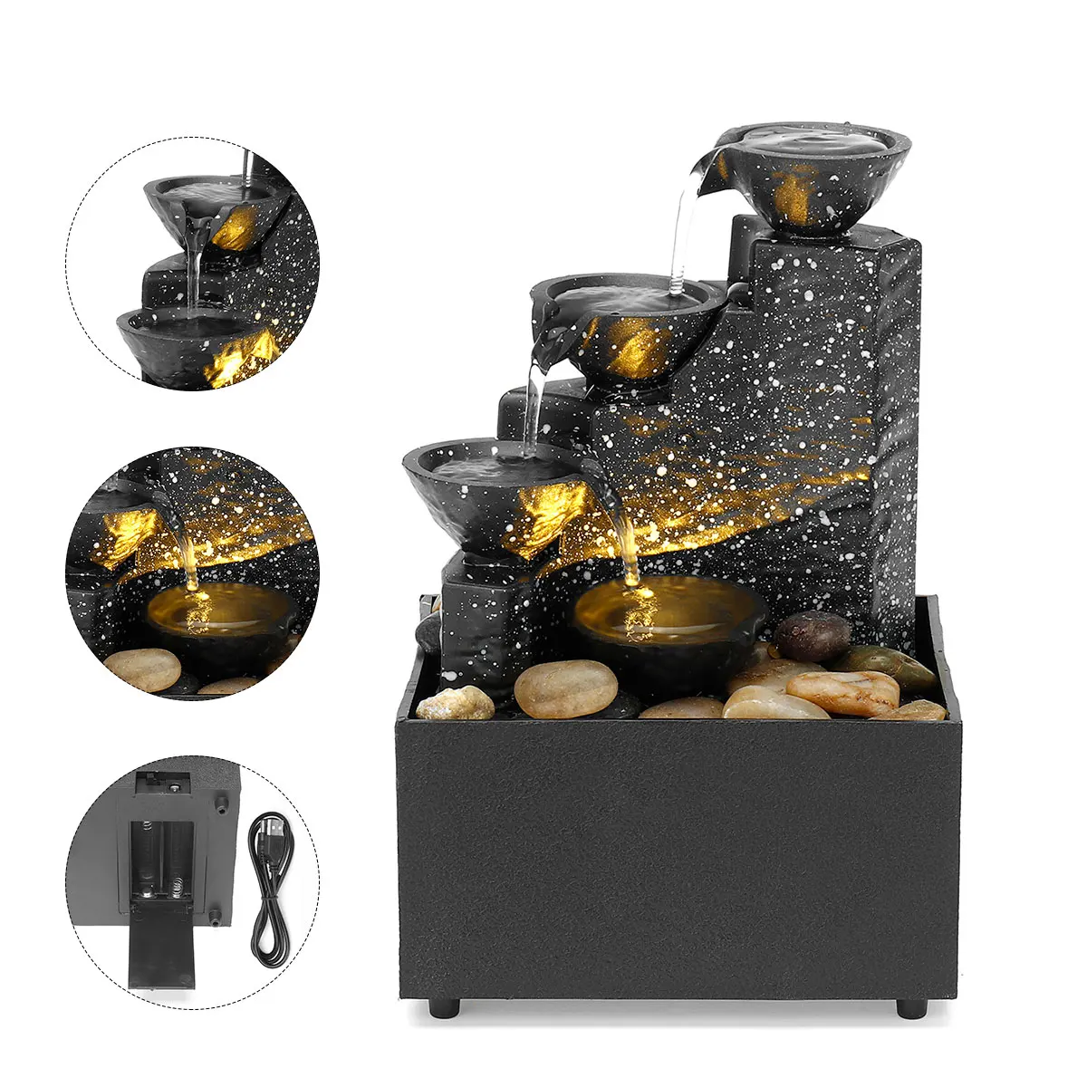 실내 탁상 분수 데스크탑 LED 장식, 홈 데코 분수 폭포, 6.7 인치 휴식 폭포