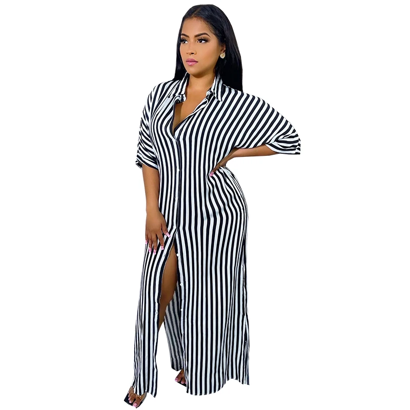 

Long African Shirt Dress Women Half Sleeve Loose Split Robes Summer New Striped Print Streetwear Casual African Maxi Dress 2023