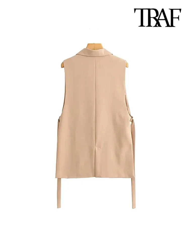 TRAF Women Fashion With Taps Side Vents Waistcoat Vintage Sleeveless Front Button Female Outerwear Chic Vest Tops 3