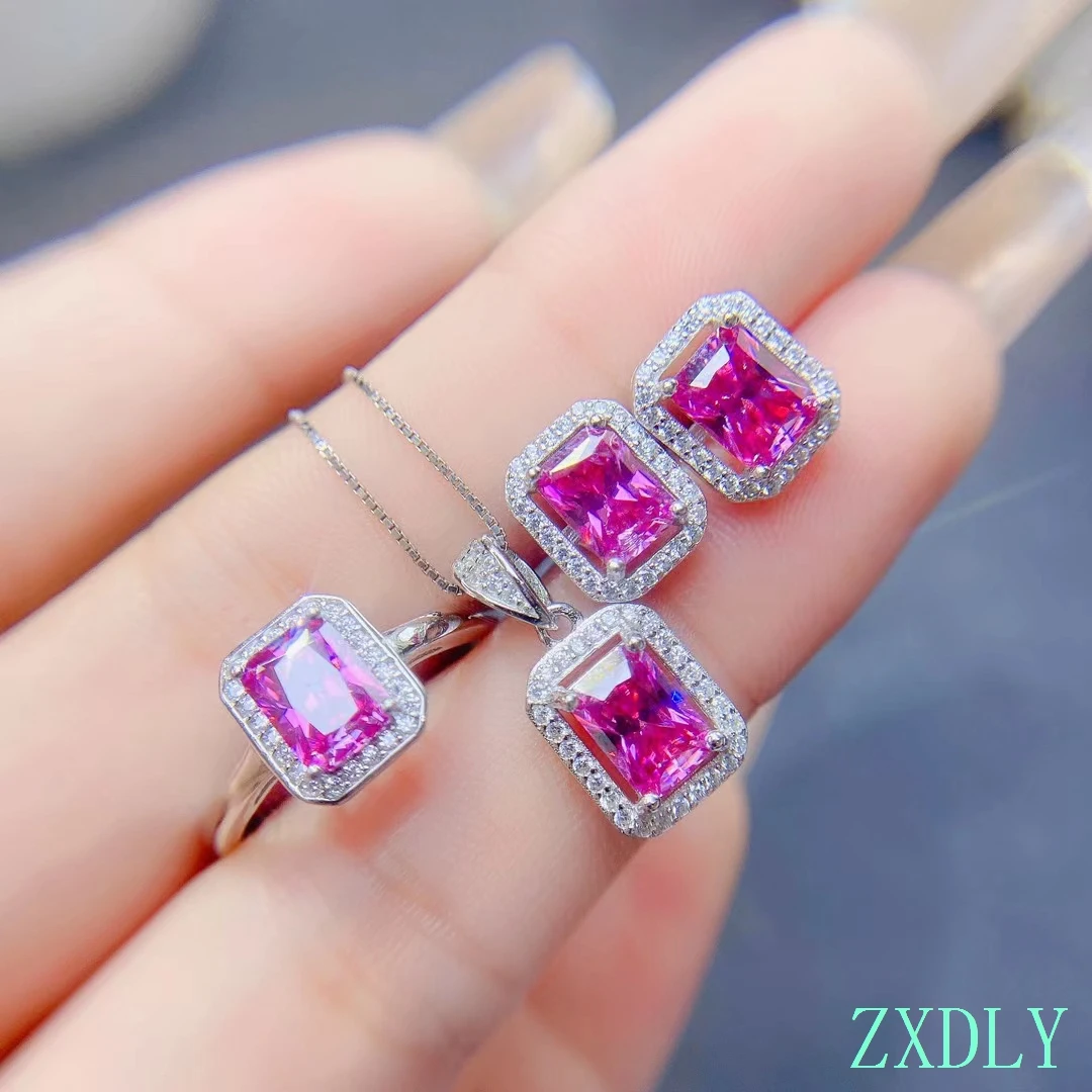 

Luxury Jewelry Set Pink Moissanite Stud Earrings Women Ring 925 sterling Silver Necklace High-end Party Gift Shiny Lab Diamond