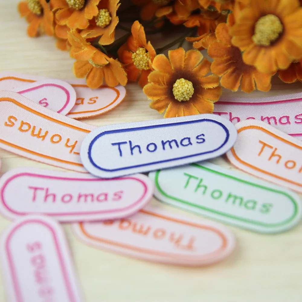 12Pcs 35x18MM Personalized Cotton Name Labels Washable Iron On Tags Sicker Custom Handmade Clothing Fabric Label Sewing Logo
