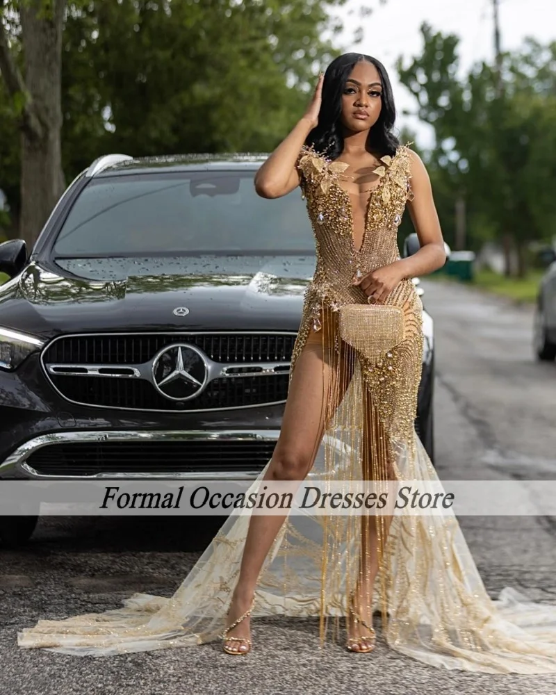 Luxury Gold Prom Dresses Crystal Diamond Tassel Mermaid Party Gowns V Neck Black Girl Sequin Split Evening Dress Customized
