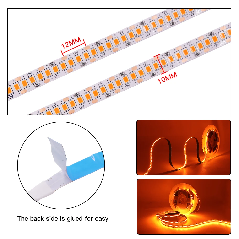 DC 12V LED Strip Light Indoor Decoration 2835 SMD 120 240 LEDs/m Flexible Ribbon Orange Lighting 5M 4mm 8mm 10mm Width LED Light