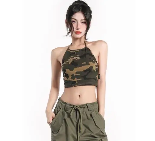 

Women Casual Tank Tops Camouflage Printed Sleeveless Backless Slim-Fit Halter Crop Tops