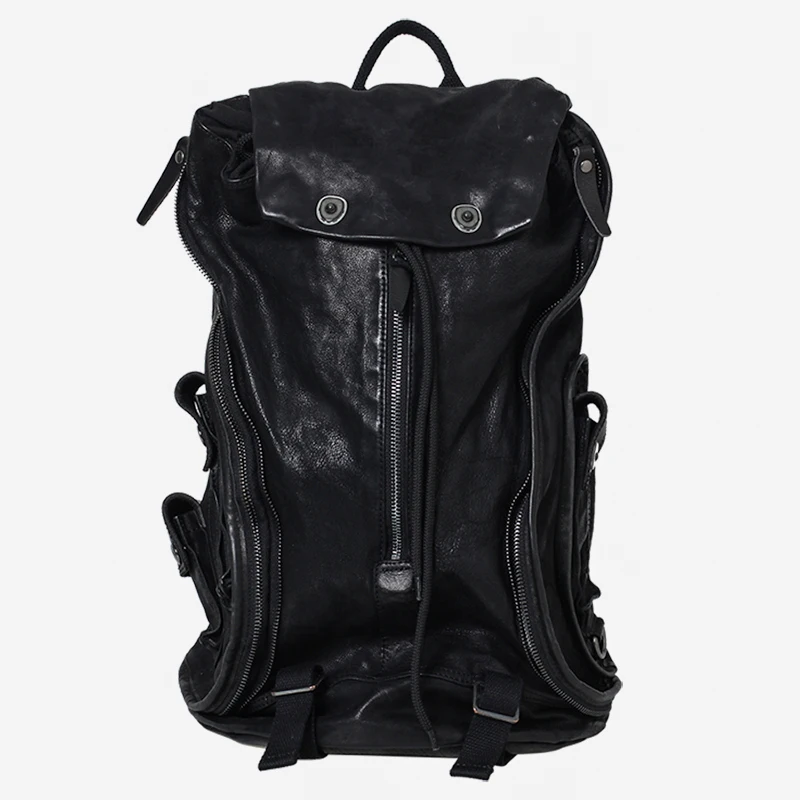 Men's Women Backpack Zipper Retro Old Leather Shoulder School Bag Fashion Dark Wind Soft Youth Black Travel Backpacks