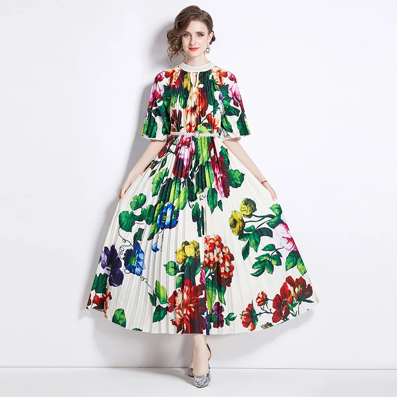 

Fashion Summer Floral Print Loose Waist Pleated Dress Women 2024 Designer Pearls O Neck Long Holiday Party Dresses Casual Robe