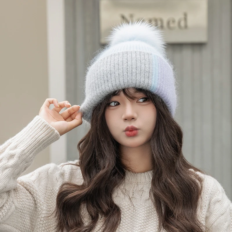 2025 New Rabbit Fur Beanies Soft Warm Fluffy fur pompom Winter Hat for Women Angora Knitted Hat Skullies Female Bonnet Knit Cap 2