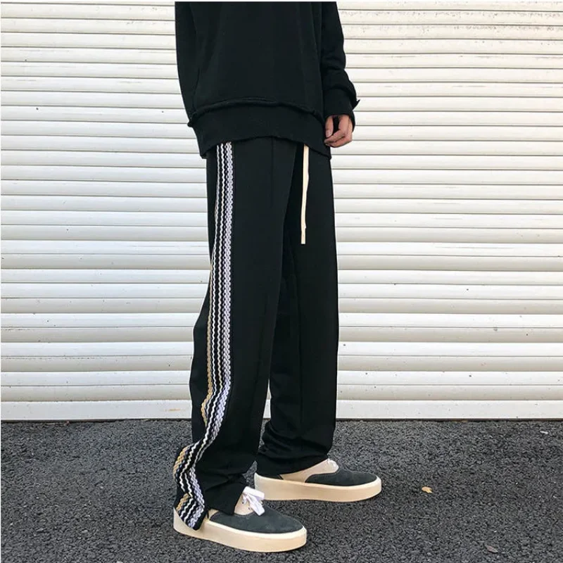 E-BAIHUI Black Men Pants Side Braid Stitching Stripes Sweatpants Streetwear Men Spring and Autumn Loose Slit Mop Pants for Male