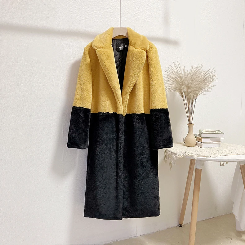 2022 New Women Winter Warm Faux Fur Coat Color Patch Thick Women Long Coat Turn Down Collar Women Warm Fur Coat Casaco Feminino waterproof puffer coat