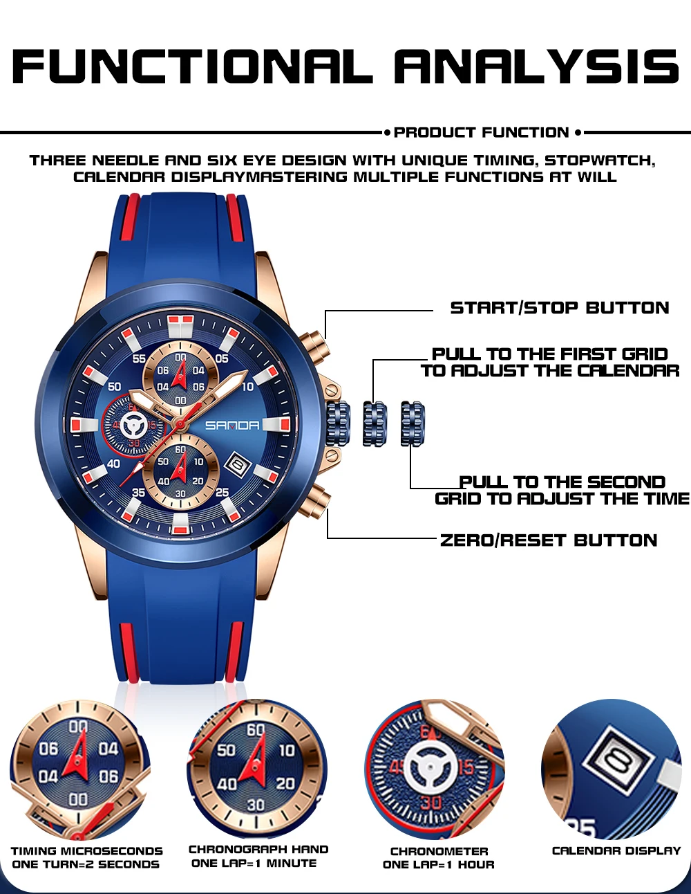 Advanced Three Eyes Six Needle Men's Wrist Watches Waterproof Calendar Silicone Strap Fashion Simple Quartz Watches For Men's