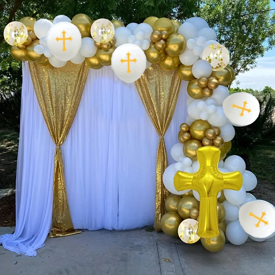 First Communion Decorations For Boys - White & Gold Balloon Garland Kit With Blue God Bless Backdrop