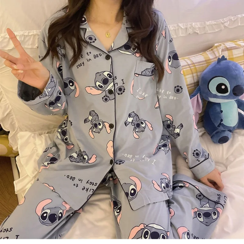 New Stitch Disney Faux Cotton Pajamas Spring Autumn Cartoon Female Pyjamas Kawaii Suit Long Sleeves Winter Home Sleepwear Gift