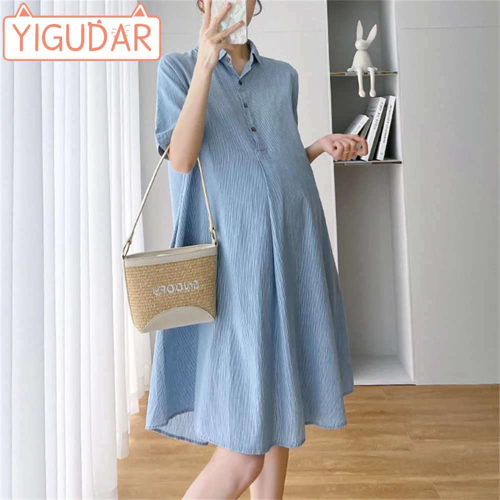 

Maternity clothes summer mid length dress Korean version loose fitting and fashionable outerwear flip collar short dress women