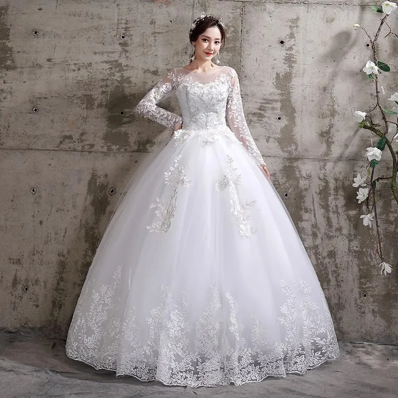 

It's Yiiya Wedding Dress White Embroidery O-neck Full Sleeves Lace up Princess Floor-length Plus size Bride Ball Gowns Plus size