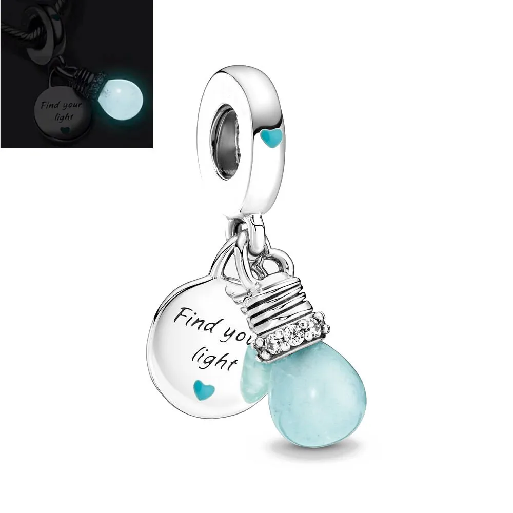New Glow-in-the-dark Lightbulb Double Dangle Baby Pacifier Diy Bead Fit Original Pandora Charms Silver 925 Bracelet C278