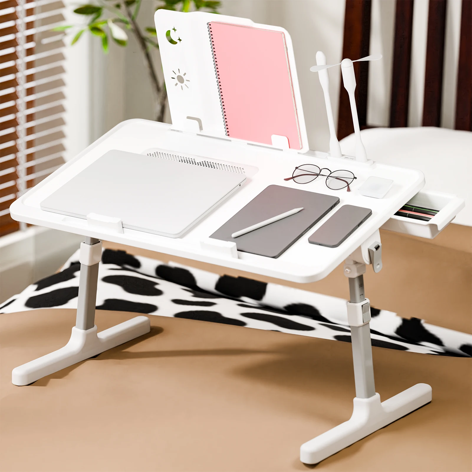 Laptop Bed Tray Table, Adjustable Lap Desk with Light Fan, Folding Laptop Desk for Bed with USB, Storage Drawer